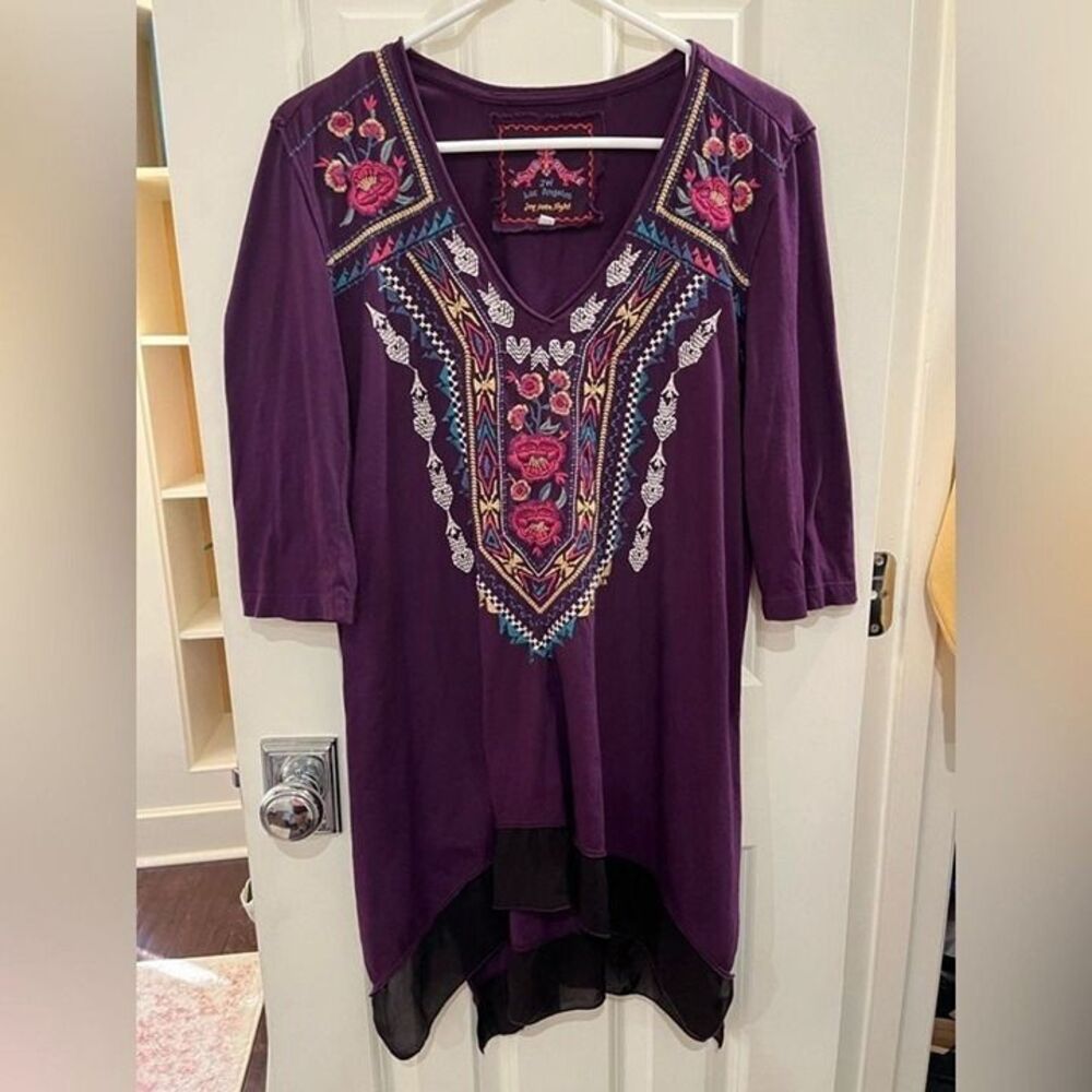 Johnny Was Embroidered Purple Flowy Tunic Bohemian Blouse size Small Lagenlook